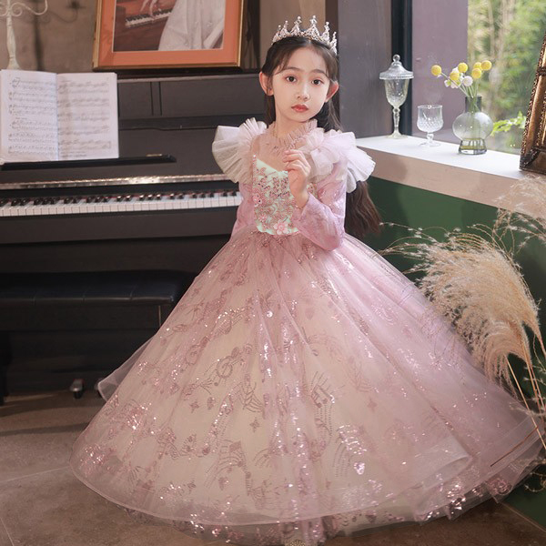 ピアノ発表会 ドレス ロングドレス 中学生 ワンピース 女の子 キッズドレス 子供服 ガール 子供ドレス 長袖 演奏会 フラワーガール ベールガール リングガール プリンセスドレス ブライダル フォーマル 七五三 可愛い お姫様 ピンク　h1010x0x0l9_1