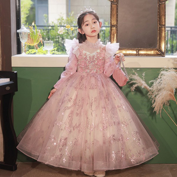 ピアノ発表会 ドレス ロングドレス 中学生 ワンピース 女の子 キッズドレス 子供服 ガール 子供ドレス 長袖 演奏会 フラワーガール ベールガール リングガール プリンセスドレス ブライダル フォーマル 七五三 可愛い お姫様 ピンク　h1010x0x0l9_2