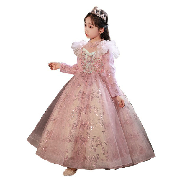 ピアノ発表会 ドレス ロングドレス 中学生 ワンピース 女の子 キッズドレス 子供服 ガール 子供ドレス 長袖 演奏会 フラワーガール ベールガール リングガール プリンセスドレス ブライダル フォーマル 七五三 可愛い お姫様 ピンク　h1010x0x0l9_3