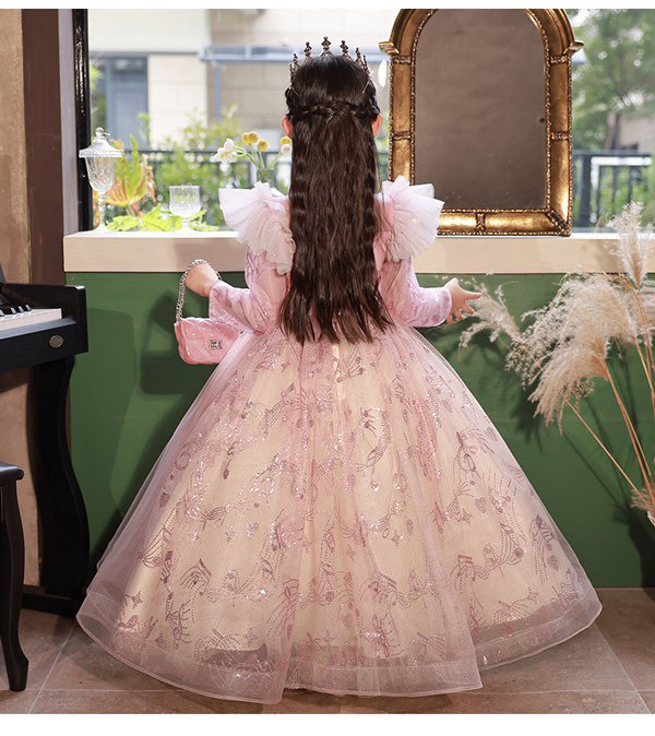 ピアノ発表会 ドレス ロングドレス 中学生 ワンピース 女の子 キッズドレス 子供服 ガール 子供ドレス 長袖 演奏会 フラワーガール ベールガール リングガール プリンセスドレス ブライダル フォーマル 七五三 可愛い お姫様 ピンク　h1010x0x0l9_5