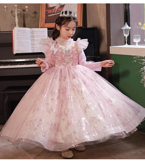 ピアノ発表会 ドレス ロングドレス 中学生 ワンピース 女の子 キッズドレス 子供服 ガール 子供ドレス 長袖 演奏会 フラワーガール ベールガール リングガール プリンセスドレス ブライダル フォーマル 七五三 可愛い お姫様 ピンク　h1010x0x0l9_6