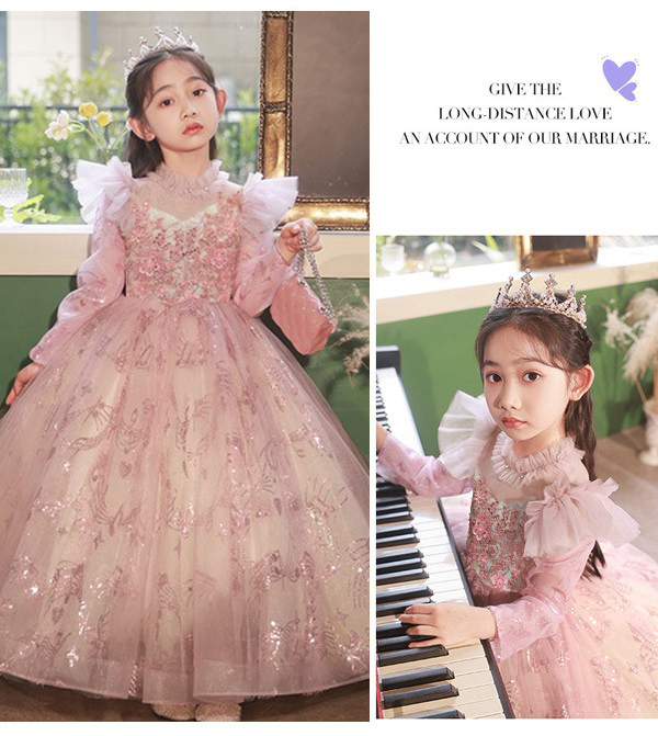 ピアノ発表会 ドレス ロングドレス 中学生 ワンピース 女の子 キッズドレス 子供服 ガール 子供ドレス 長袖 演奏会 フラワーガール ベールガール リングガール プリンセスドレス ブライダル フォーマル 七五三 可愛い お姫様 ピンク　h1010x0x0l9_7