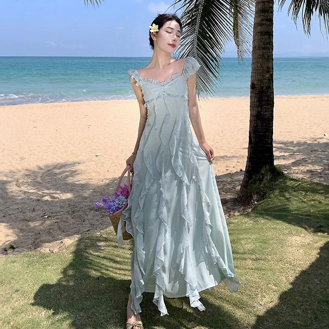 キャミワンピース レディース ロング マキシ丈 シフォン フリル レース 胸元リボン Aライン 透け感 シアー バックシャン 可愛い リゾート 韓国コーデ 春 夏 緑
