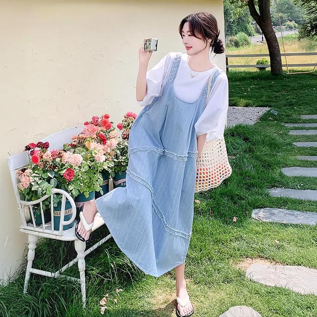 ジャンパースカート レディース デニム サロペットワンピース ロング丈 Aライン フリル レース 重ね着 体型カバー ゆったり ライトブルー 青 韓国コーデ