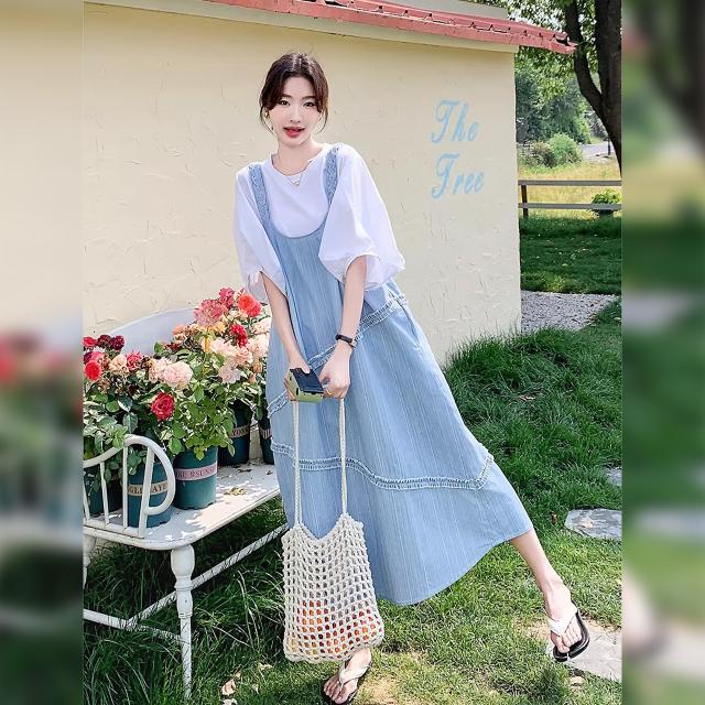 ジャンパースカート レディース デニム サロペットワンピース ロング丈 Aライン フリル レース 重ね着 体型カバー ゆったり ライトブルー 青 韓国コーデ_1