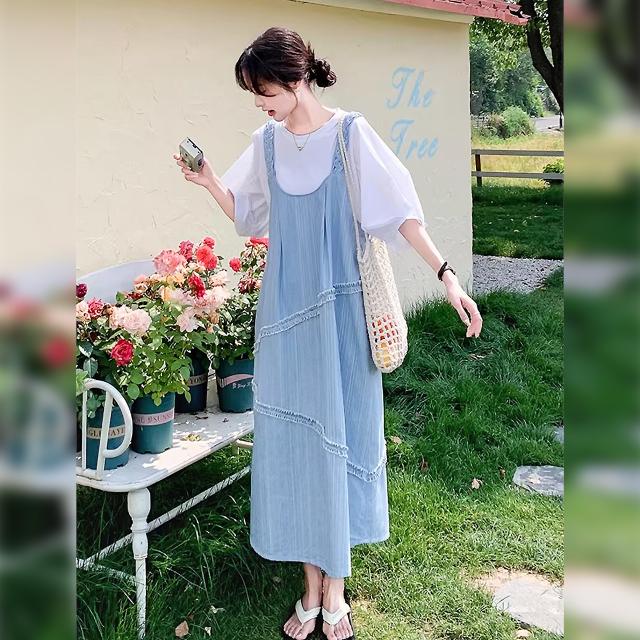 ジャンパースカート レディース デニム サロペットワンピース ロング丈 Aライン フリル レース 重ね着 体型カバー ゆったり ライトブルー 青 韓国コーデ_2