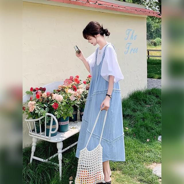 ジャンパースカート レディース デニム サロペットワンピース ロング丈 Aライン フリル レース 重ね着 体型カバー ゆったり ライトブルー 青 韓国コーデ_3