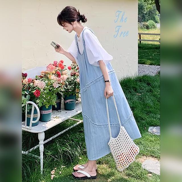 ジャンパースカート レディース デニム サロペットワンピース ロング丈 Aライン フリル レース 重ね着 体型カバー ゆったり ライトブルー 青 韓国コーデ_5