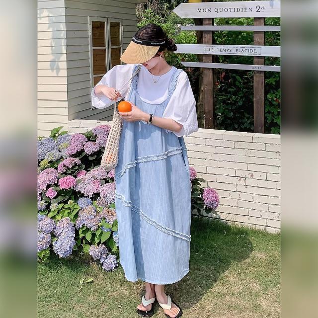 ジャンパースカート レディース デニム サロペットワンピース ロング丈 Aライン フリル レース 重ね着 体型カバー ゆったり ライトブルー 青 韓国コーデ_6