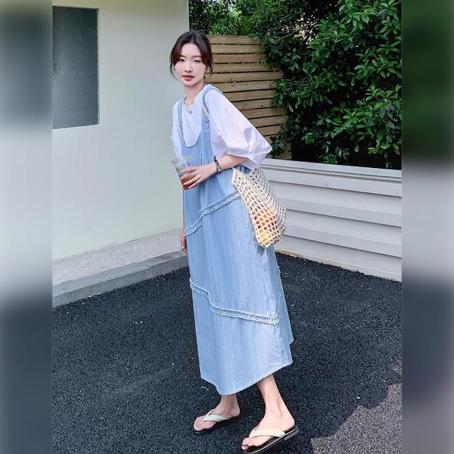 ジャンパースカート レディース デニム サロペットワンピース ロング丈 Aライン フリル レース 重ね着 体型カバー ゆったり ライトブルー 青 韓国コーデ_7