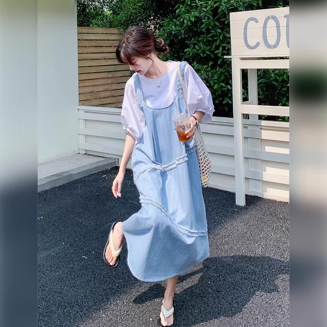 ジャンパースカート レディース デニム サロペットワンピース ロング丈 Aライン フリル レース 重ね着 体型カバー ゆったり ライトブルー 青 韓国コーデ_8