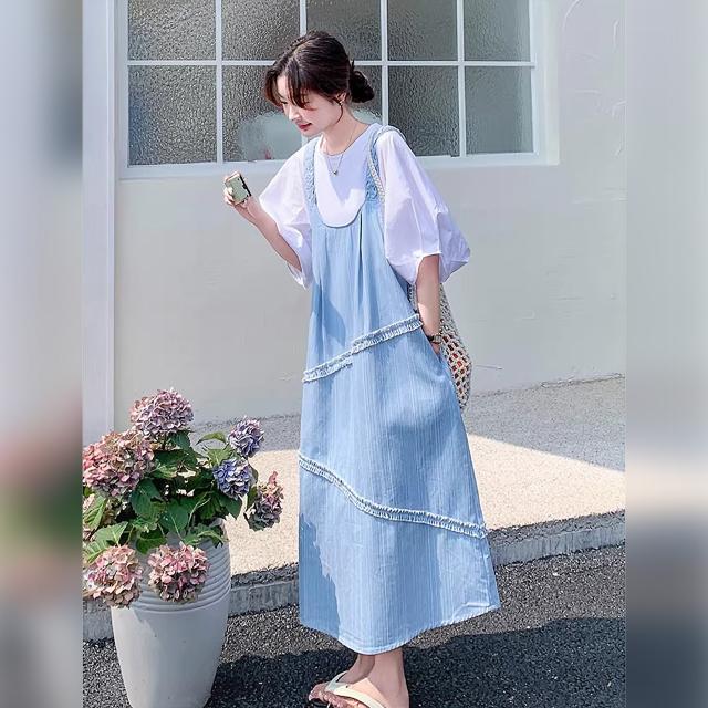 ジャンパースカート レディース デニム サロペットワンピース ロング丈 Aライン フリル レース 重ね着 体型カバー ゆったり ライトブルー 青 韓国コーデ_10