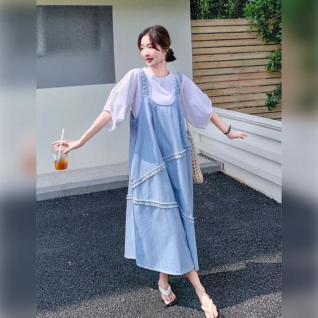 ジャンパースカート レディース デニム サロペットワンピース ロング丈 Aライン フリル レース 重ね着 体型カバー ゆったり ライトブルー 青 韓国コーデ_11