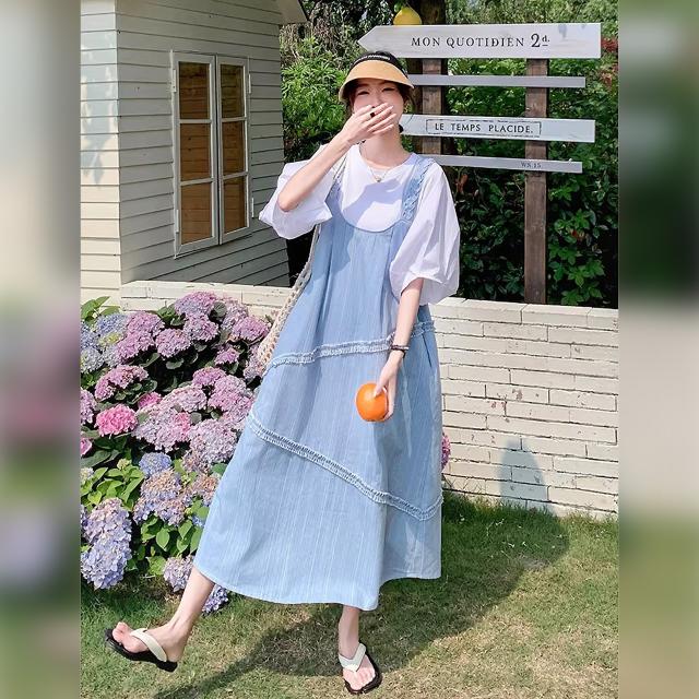 ジャンパースカート レディース デニム サロペットワンピース ロング丈 Aライン フリル レース 重ね着 体型カバー ゆったり ライトブルー 青 韓国コーデ_12