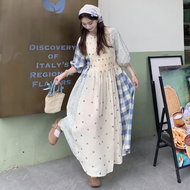 ワンピース レディース ロング丈 マキシワンピ 五分袖 パッチワーク風 チェック柄 ピンタック パフスリーブ 半袖 青 韓国コーデ フェミミン レトロ ガーリー