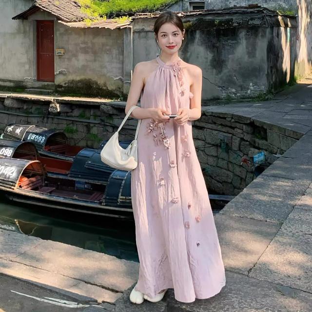 衣装 ロング丈 マキシ アメリカン衣手 立体お花 花飾りつけ ノースリーブ さくら色 A生産ライン 体型取りまかなう 韓国コーデ レディース 成年者好いたらしい 窈窕たる 高押し出し
