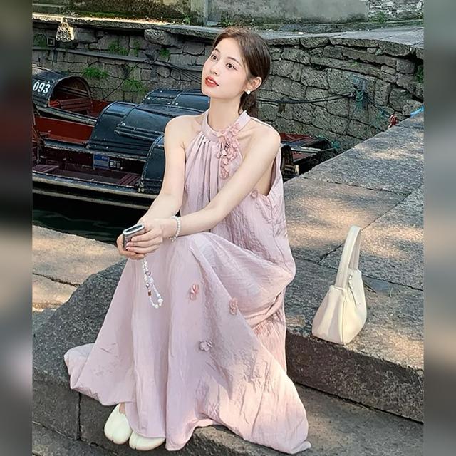 衣装 ロング丈 マキシ アメリカン衣手 立体お花 花飾りつけ ノースリーブ さくら色 A生産ライン 体型取りまかなう 韓国コーデ レディース 成年者好いたらしい 窈窕たる 高押し出し