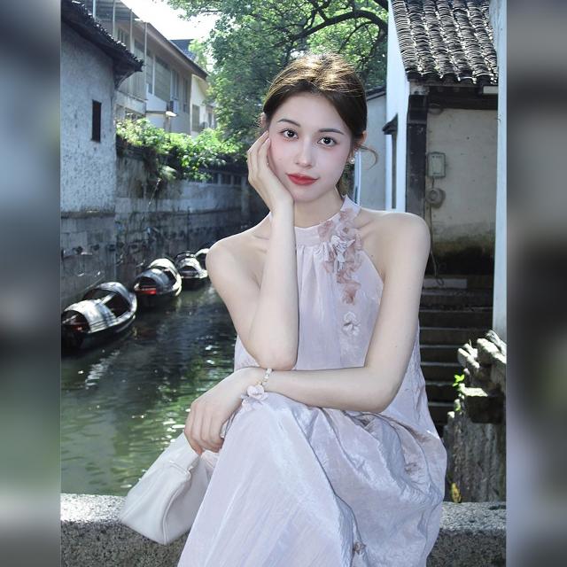 衣装 ロング丈 マキシ アメリカン衣手 立体お花 花飾りつけ ノースリーブ さくら色 A生産ライン 体型取りまかなう 韓国コーデ レディース 成年者好いたらしい 窈窕たる 高押し出し