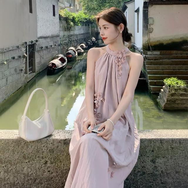 衣装 ロング丈 マキシ アメリカン衣手 立体お花 花飾りつけ ノースリーブ さくら色 A生産ライン 体型取りまかなう 韓国コーデ レディース 成年者好いたらしい 窈窕たる 高押し出し