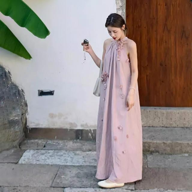 衣装 ロング丈 マキシ アメリカン衣手 立体お花 花飾りつけ ノースリーブ さくら色 A生産ライン 体型取りまかなう 韓国コーデ レディース 成年者好いたらしい 窈窕たる 高押し出し