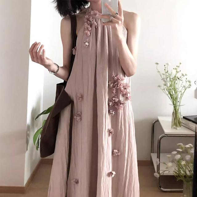 衣装 ロング丈 マキシ アメリカン衣手 立体お花 花飾りつけ ノースリーブ さくら色 A生産ライン 体型取りまかなう 韓国コーデ レディース 成年者好いたらしい 窈窕たる 高押し出し