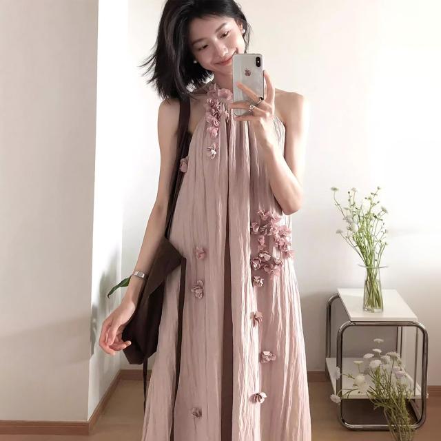 衣装 ロング丈 マキシ アメリカン衣手 立体お花 花飾りつけ ノースリーブ さくら色 A生産ライン 体型取りまかなう 韓国コーデ レディース 成年者好いたらしい 窈窕たる 高押し出し