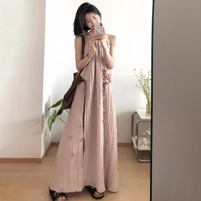 衣装 ロング丈 マキシ アメリカン衣手 立体お花 花飾りつけ ノースリーブ さくら色 A生産ライン 体型取りまかなう 韓国コーデ レディース 成年者好いたらしい 窈窕たる 高押し出し