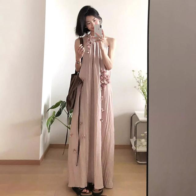 衣装 ロング丈 マキシ アメリカン衣手 立体お花 花飾りつけ ノースリーブ さくら色 A生産ライン 体型取りまかなう 韓国コーデ レディース 成年者好いたらしい 窈窕たる 高押し出し