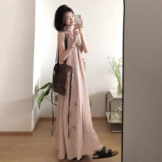 衣装 ロング丈 マキシ アメリカン衣手 立体お花 花飾りつけ ノースリーブ さくら色 A生産ライン 体型取りまかなう 韓国コーデ レディース 成年者好いたらしい 窈窕たる 高押し出し