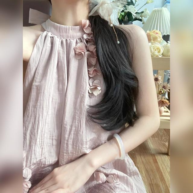 衣装 ロング丈 マキシ アメリカン衣手 立体お花 花飾りつけ ノースリーブ さくら色 A生産ライン 体型取りまかなう 韓国コーデ レディース 成年者好いたらしい 窈窕たる 高押し出し