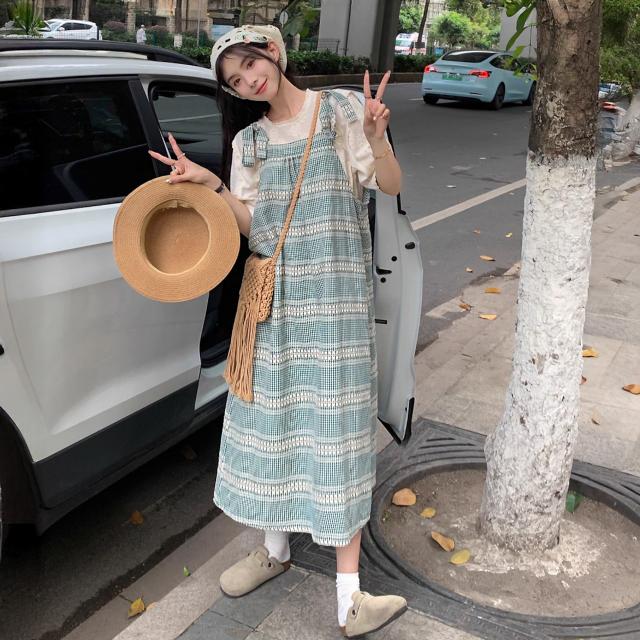 ジャンパースカート ロング ワンピース ギンガムチェック 肩リボン サロペット グリーン ノースリーブ Aライン ゆったり 体型カバー 韓国コーデ カジュアル 夏