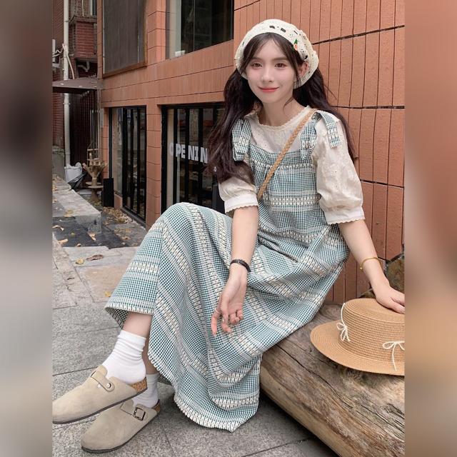 ジャンパースカート ロング ワンピース ギンガムチェック 肩リボン サロペット グリーン ノースリーブ Aライン ゆったり 体型カバー 韓国コーデ カジュアル 夏_1