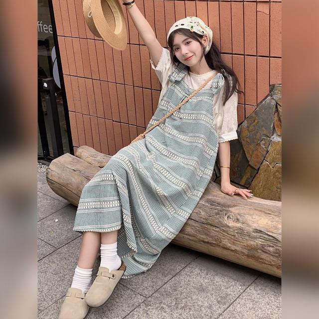 ジャンパースカート ロング ワンピース ギンガムチェック 肩リボン サロペット グリーン ノースリーブ Aライン ゆったり 体型カバー 韓国コーデ カジュアル 夏_2