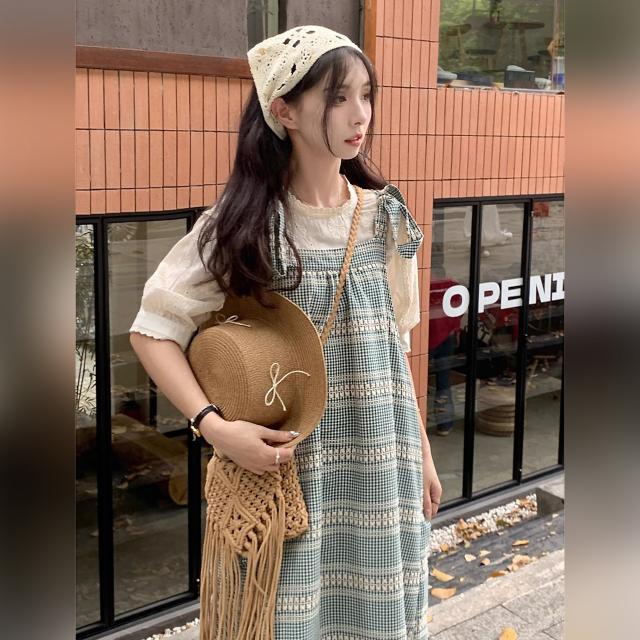 ジャンパースカート ロング ワンピース ギンガムチェック 肩リボン サロペット グリーン ノースリーブ Aライン ゆったり 体型カバー 韓国コーデ カジュアル 夏_3