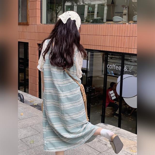 ジャンパースカート ロング ワンピース ギンガムチェック 肩リボン サロペット グリーン ノースリーブ Aライン ゆったり 体型カバー 韓国コーデ カジュアル 夏_5