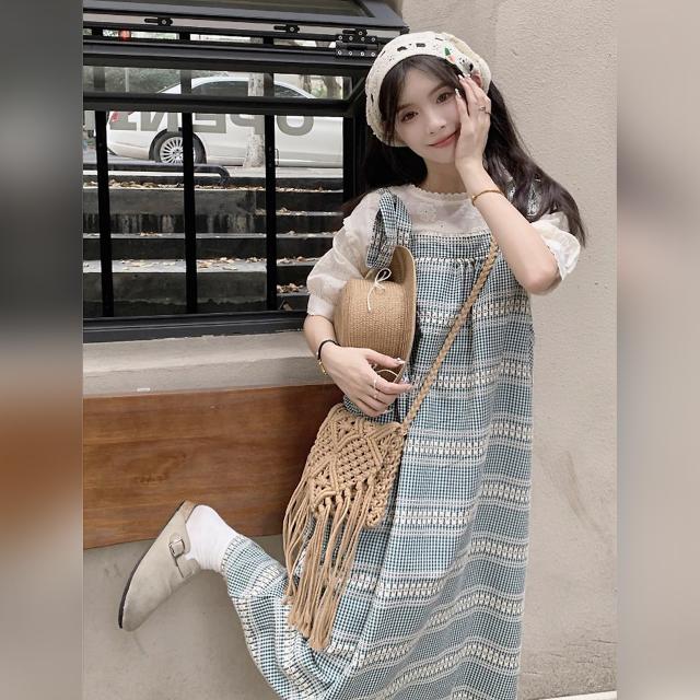ジャンパースカート ロング ワンピース ギンガムチェック 肩リボン サロペット グリーン ノースリーブ Aライン ゆったり 体型カバー 韓国コーデ カジュアル 夏_6