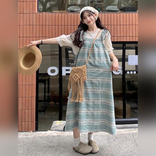 ジャンパースカート ロング ワンピース ギンガムチェック 肩リボン サロペット グリーン ノースリーブ Aライン ゆったり 体型カバー 韓国コーデ カジュアル 夏_11