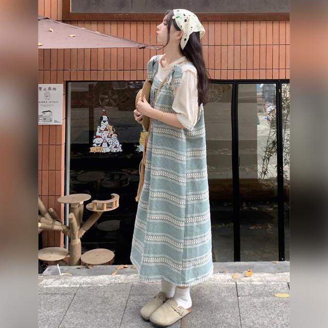 ジャンパースカート ロング ワンピース ギンガムチェック 肩リボン サロペット グリーン ノースリーブ Aライン ゆったり 体型カバー 韓国コーデ カジュアル 夏_12