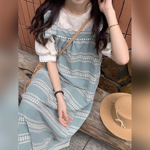 ジャンパースカート ロング ワンピース ギンガムチェック 肩リボン サロペット グリーン ノースリーブ Aライン ゆったり 体型カバー 韓国コーデ カジュアル 夏_15