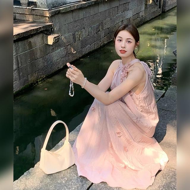 衣装 ロング丈 マキシ アメリカン衣手 立体お花 花飾りつけ ノースリーブ さくら色 A生産ライン 体型取りまかなう 韓国コーデ レディース 成年者好いたらしい 窈窕たる 高押し出し