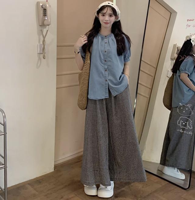 セットアップ レディース 2点セット シャツ 半袖 デニム 千鳥格子 ワイドパンツ ガウチョ ロング ナチュラル カジュアル 体型カバー カフェ巡り 春 夏 青 韓国風