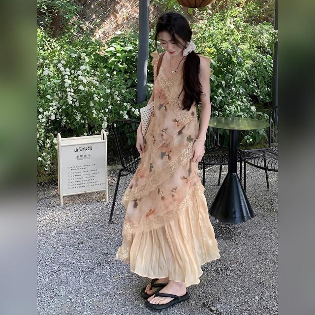 花柄衣装 ロング キャミワンピース スピード競技うつり変わり 非対称 花の冠yd風 洗濯機 シフォン 韓国コーデ 体型取りまかなう レディース 夏服 たまり場