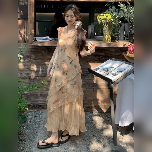 花柄衣装 ロング キャミワンピース スピード競技うつり変わり 非対称 花の冠yd風 洗濯機 シフォン 韓国コーデ 体型取りまかなう レディース 夏服 たまり場