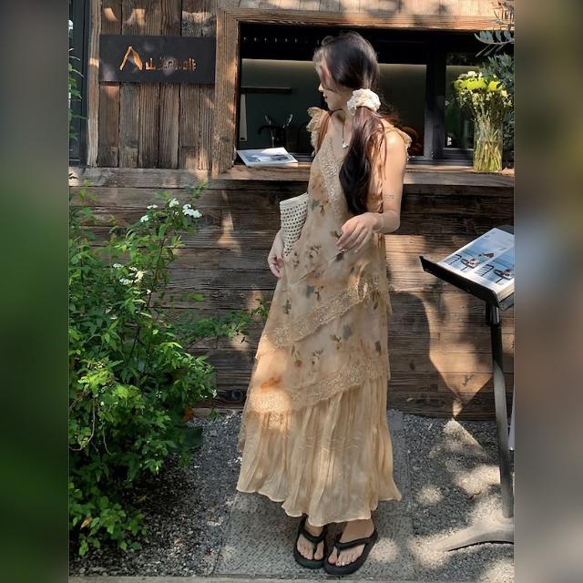 花柄衣装 ロング キャミワンピース スピード競技うつり変わり 非対称 花の冠yd風 洗濯機 シフォン 韓国コーデ 体型取りまかなう レディース 夏服 たまり場