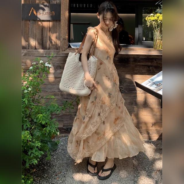 花柄衣装 ロング キャミワンピース スピード競技うつり変わり 非対称 花の冠yd風 洗濯機 シフォン 韓国コーデ 体型取りまかなう レディース 夏服 たまり場
