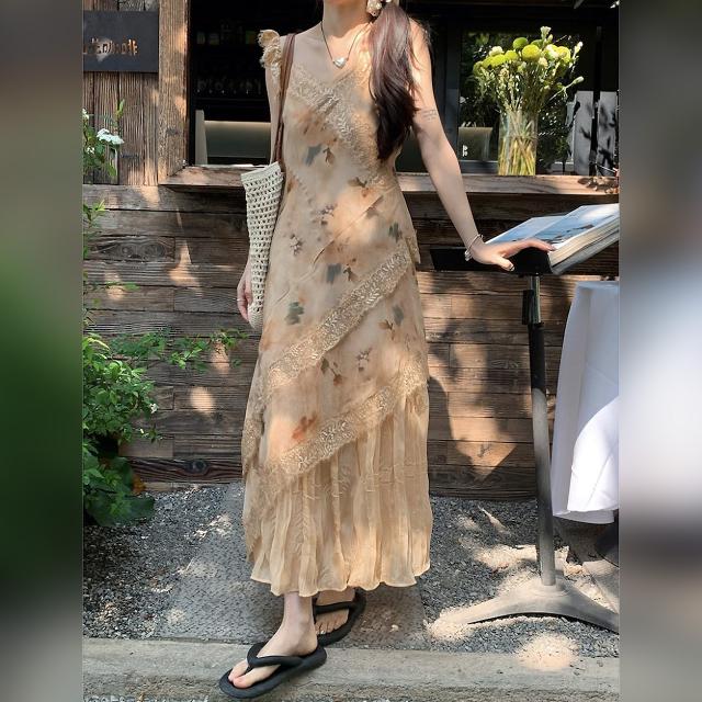 花柄衣装 ロング キャミワンピース スピード競技うつり変わり 非対称 花の冠yd風 洗濯機 シフォン 韓国コーデ 体型取りまかなう レディース 夏服 たまり場