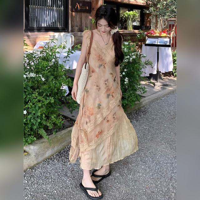 花柄衣装 ロング キャミワンピース スピード競技うつり変わり 非対称 花の冠yd風 洗濯機 シフォン 韓国コーデ 体型取りまかなう レディース 夏服 たまり場