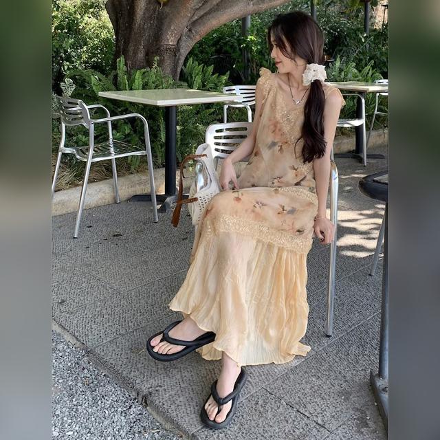 花柄衣装 ロング キャミワンピース スピード競技うつり変わり 非対称 花の冠yd風 洗濯機 シフォン 韓国コーデ 体型取りまかなう レディース 夏服 たまり場