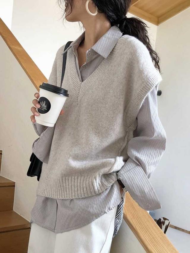 おすすめ 秋冬物 ベスト ニット セーター ゆったり こなれ感 くすみ色 カジュアル オフィス キャンパス 通勤 Vネックの通販はau Wowma Whamshop