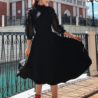 ドレス パーティードレス ワンピース 長袖 レース シースルー ハイネック ハイウエスト Aライン ロリータ ゴスロリ の通販はau Pay マーケット Solare Shop